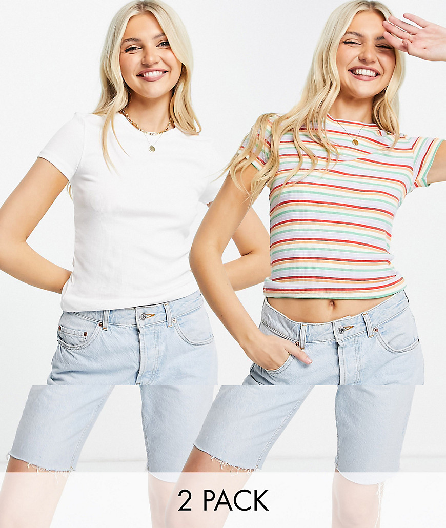 Monki Magdalena organic cotton 2 pack t-shirt in rainbow stripe and plain-Multi