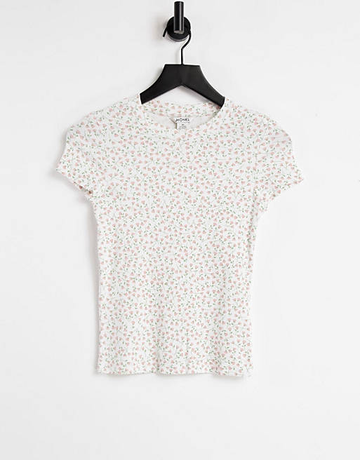 Monki Magdalena organic cotton floral print shrunken t-shirt in off white
