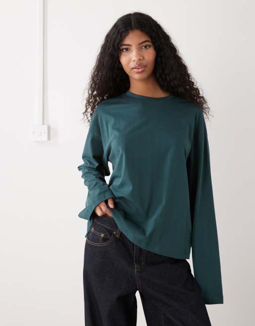 Monki - Maglietta oversize a maniche lunghe verde scuro con spacchetti laterali, 4 di 4