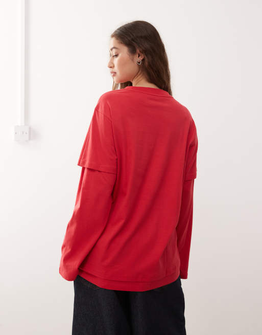 Monki - Maglietta rossa oversize a maniche lunghe con design a doppio strato, 4 di 4