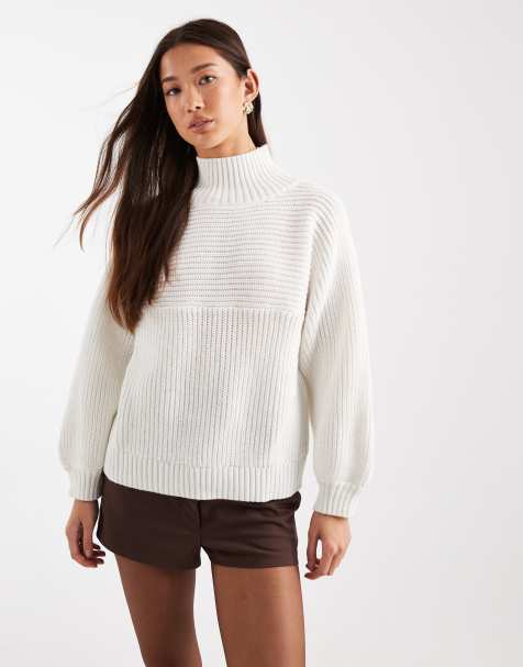 Monki - Maglione accollato bianco a coste spesse con maniche voluminose - view 1