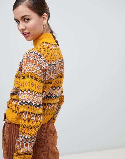 Monki - Maglione accollato corto giallo con motivo Fair Isle, 2 di 4