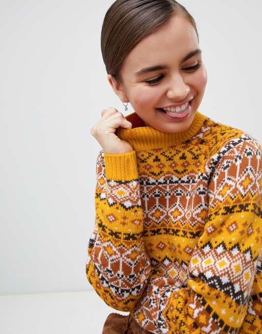 Monki - Maglione accollato corto giallo con motivo Fair Isle, 3 di 4