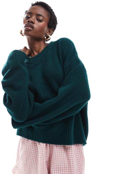 Monki - Maglione comodo con scollo rotondo in maglia verde bosco scuro - view 1
