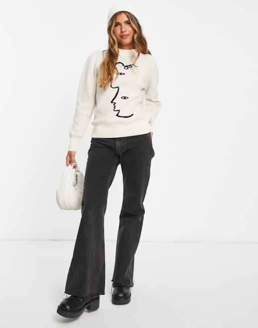 Monki - Maglione comodo in maglia bianco con motivo astratto, 4 di 4