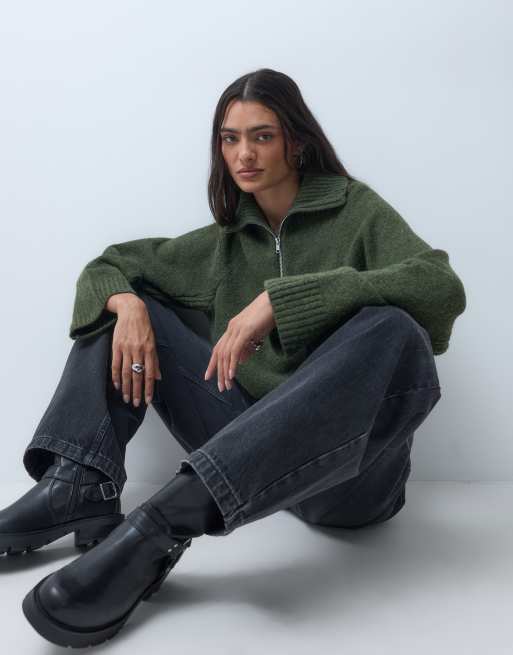 Monki maglione con mezza zip color kaki, 5 di 5