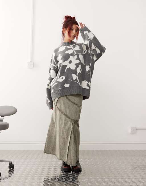 Monki - Maglione lavorato oversize grigio con stampa a fiori, 2 di 4