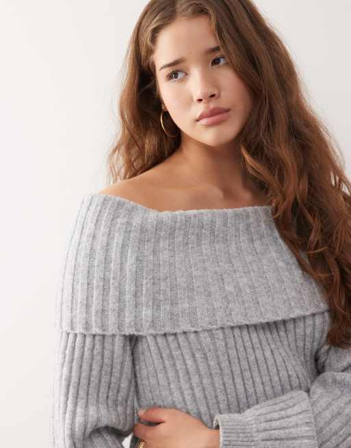 Monki - Maglione lavorato oversize grigio mélange con scollo alla Bardot, 3 di 4