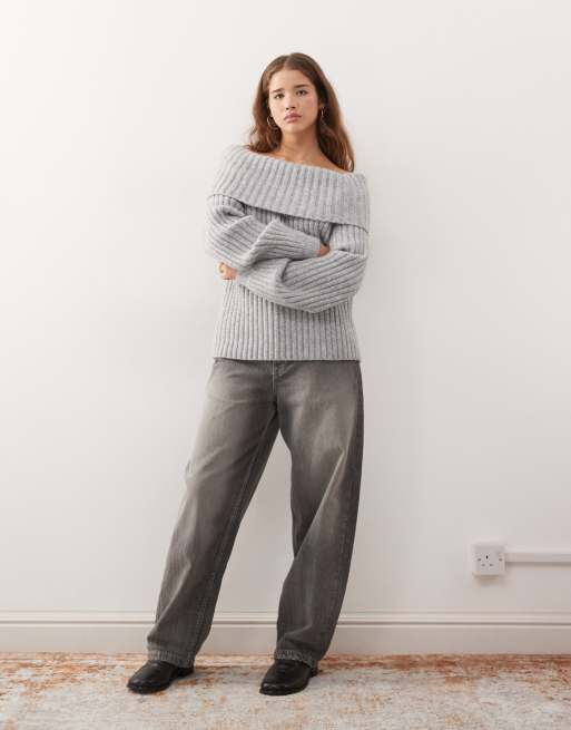 Monki - Maglione lavorato oversize grigio mélange con scollo alla Bardot, 4 di 4