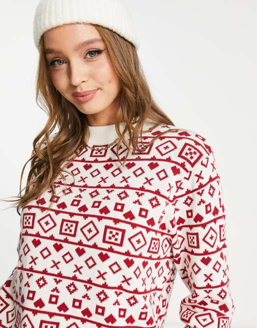 Monki - Maglione natalizio lavorato beige e rosso Fair Isle, 3 di 4