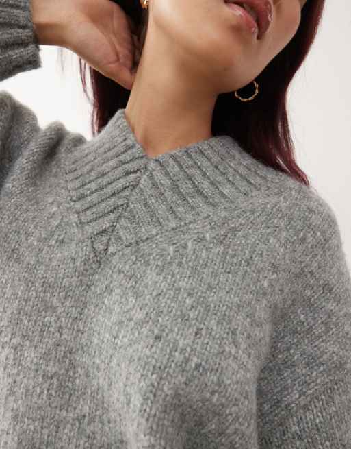 Monki - Maglione oversize grigio mélange con scollo a V, 3 di 4