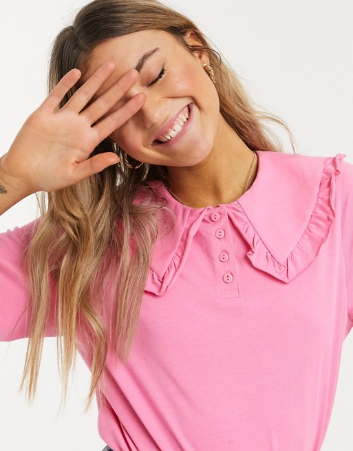 Monki Magnhild organic cotton oversized collar t-shirt in pink