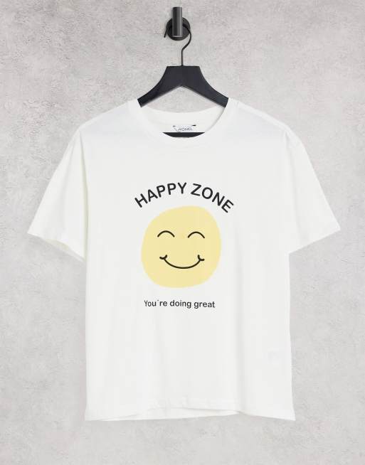 Monki Mai cotton oversized t-shirt with smile face print in off white - WHITE