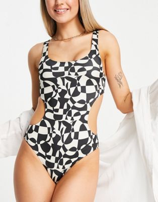 Monki side cut out swimsuit in black and white graphic print - ASOS Price Checker