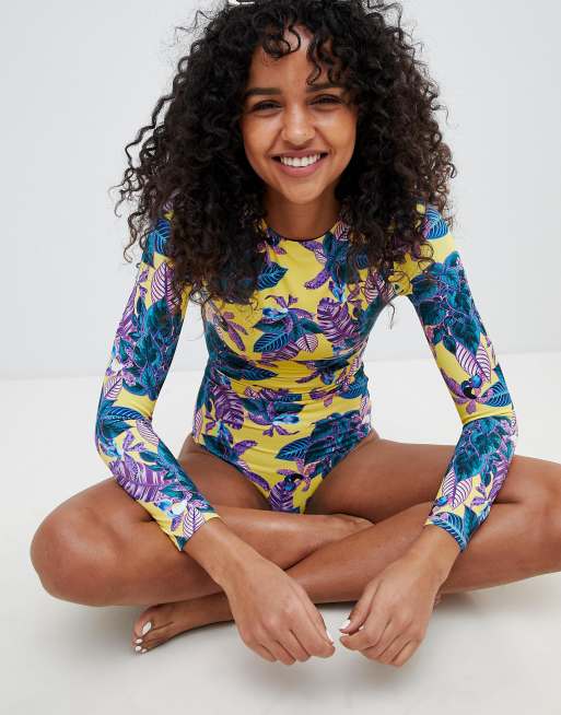 Monki - Maillot 1 pièce à manches longues style rash à imprimé tropical, 4 de 4