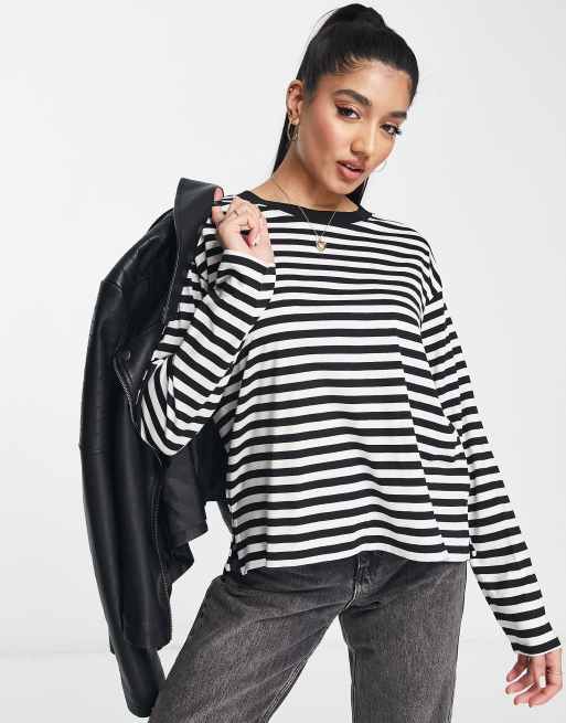 Monki Maja cotton blend long sleeve stripe t-shirt in black and white -  BLACK