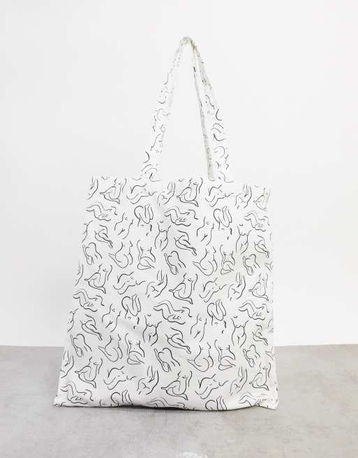 Monki Maja cotton lady print tote bag in white WHITE