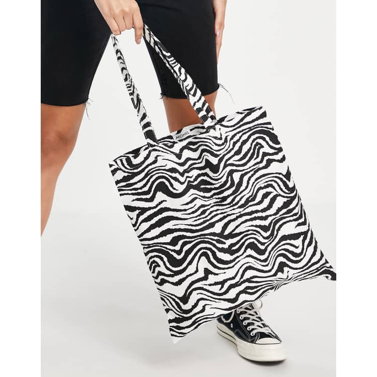 Monki Maja cotton zebra print tote bag in black and white MULTI