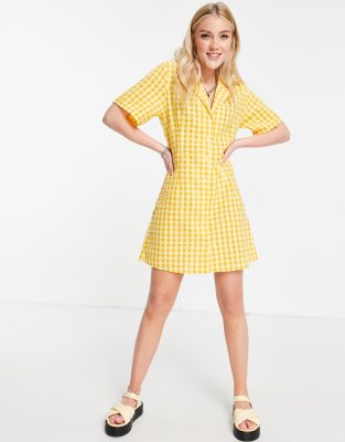 Monki Maja mini shirt dress in yellow check - ASOS Price Checker
