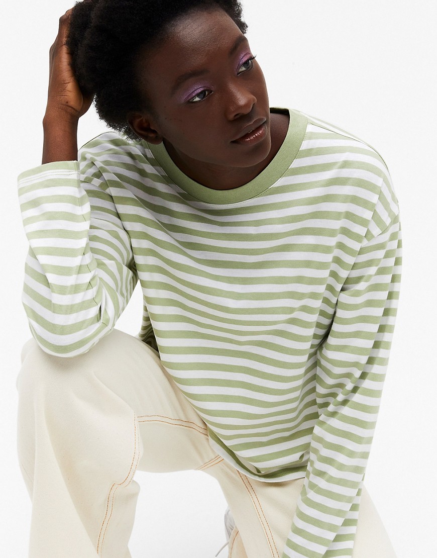 Monki Maja organic blend cotton long sleeve t-shirt in green stripe