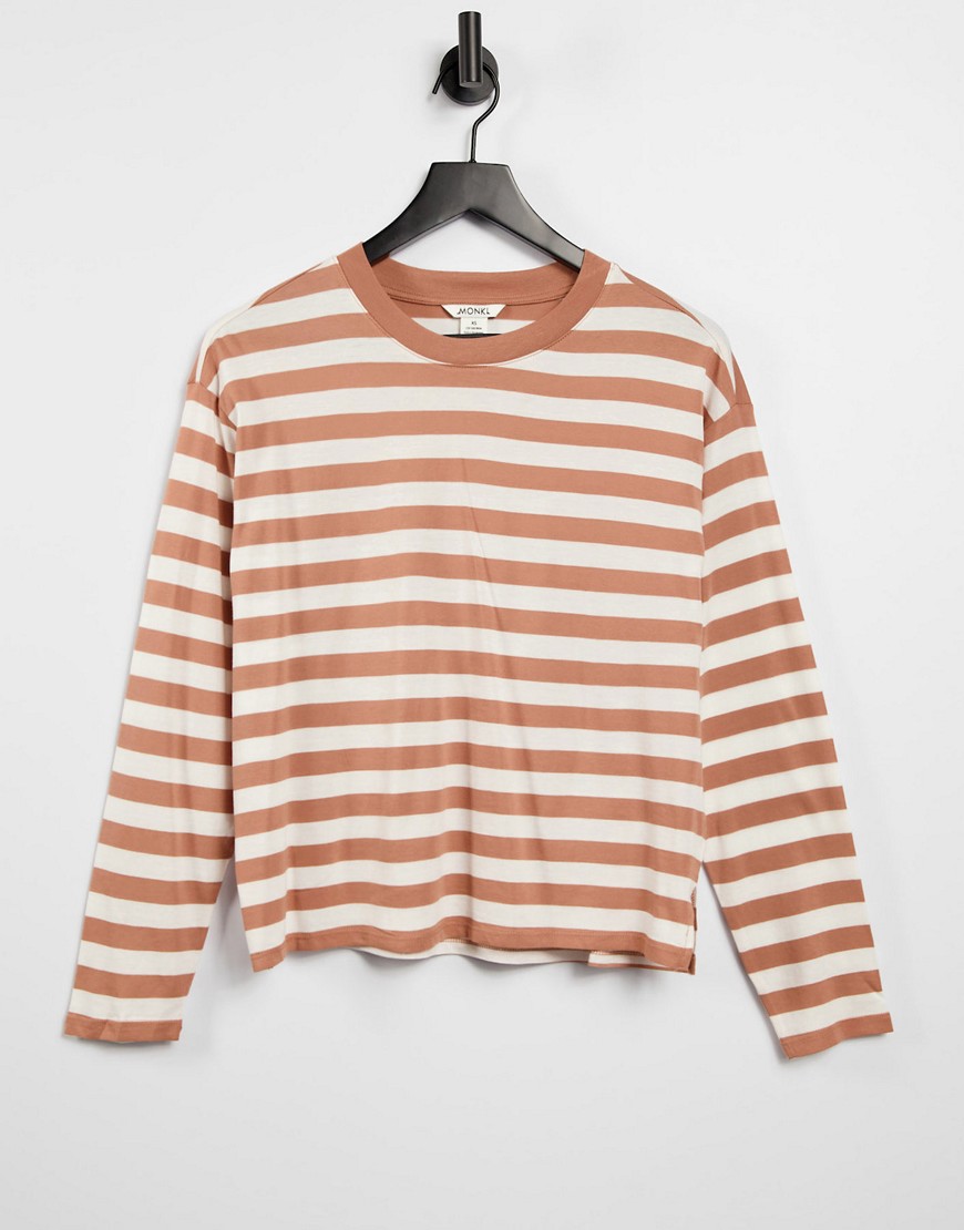 Monki Maja organic blend cotton long sleeve T-shirt in pink and beige stripes