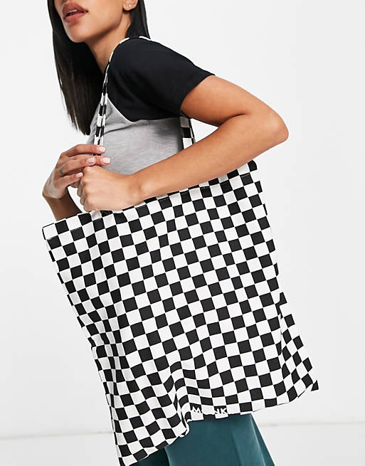 Monki Maja organic cotton checkerboard print tote bag in multi