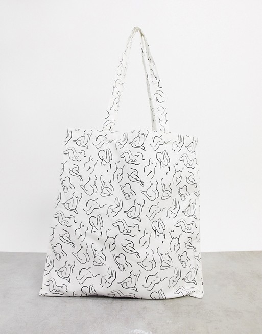 Monki Maja organic cotton lady print tote bag in white