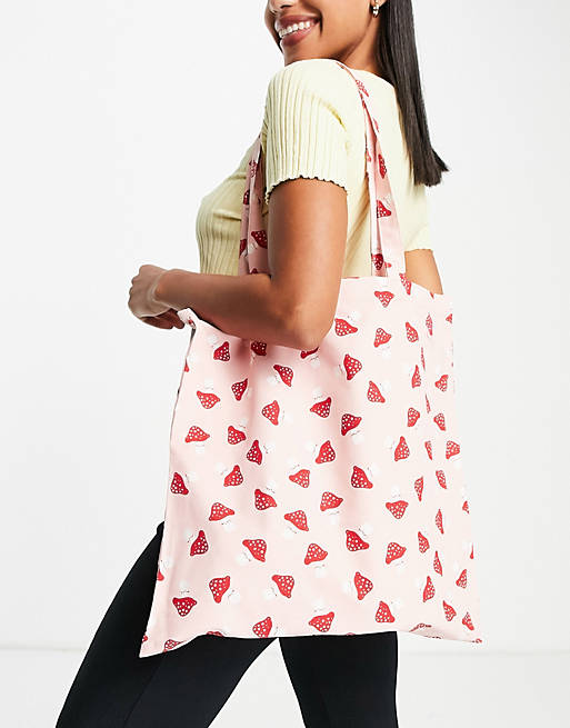 Monki Maja organic cotton mushroom print tote bag in pink