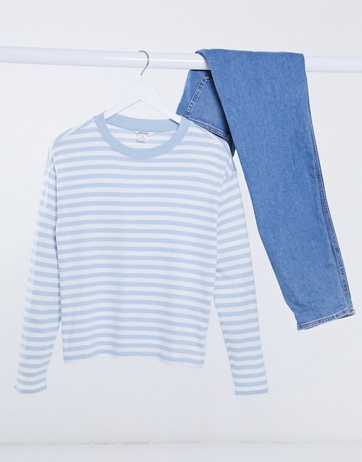 Monki Maja organic cotton blend stripe long sleeve t-shirt in blue