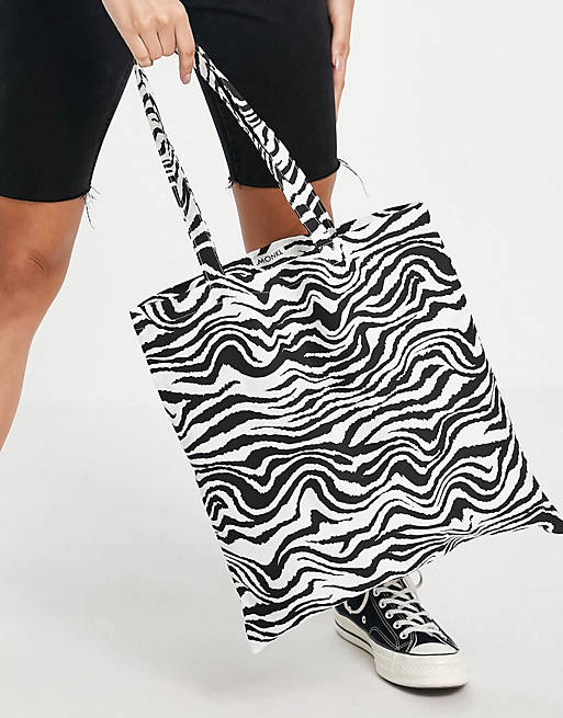 Monki Maja organic cotton zebra print tote bag in black and white