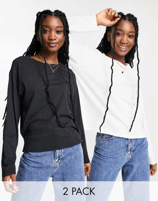 Monki - Maja - Pakke med 2 langærmede T-shirts i sort og hvid bomuld - MULTI