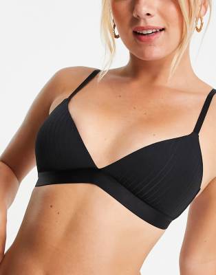 Monki Malika Cotton Ribbed Padded Triangle Bralette In Black - Black