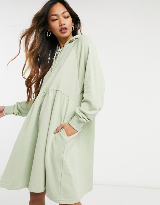 Monki Malin organic blend cotton hoodie mini dress in dusty green