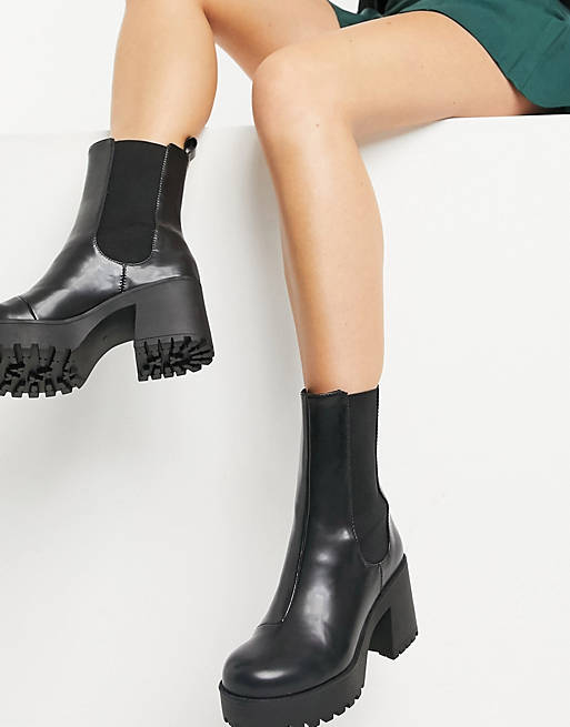 Monki Malwina faux leather chunky boot in black | ASOS