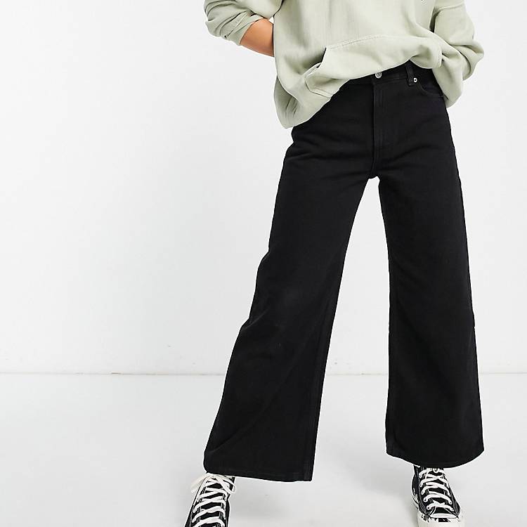 Monki Mamiko wide leg cropped jeans in black