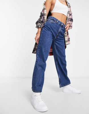 Monki Straight Leg Jeans With Teddy Embroidered Pocket In Washed Blue