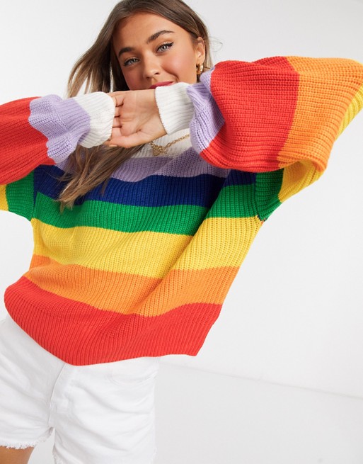 Monki Manda rainbow stripe knitted jumper in multi