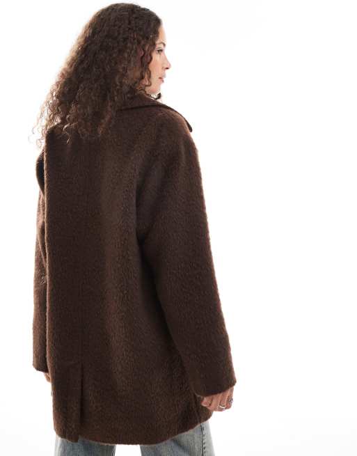 Monki Manteau a double boutonnage en fausse fourrure brossee Marron