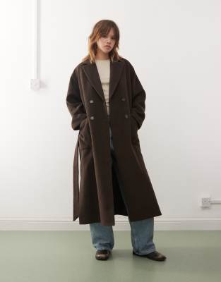 Monki - Manteau croisé en laine mélangée avec ceinture - Marron chiné-Brown