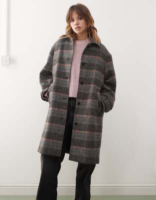 Monki - Manteau long en laine mélangée à carreaux - Gris