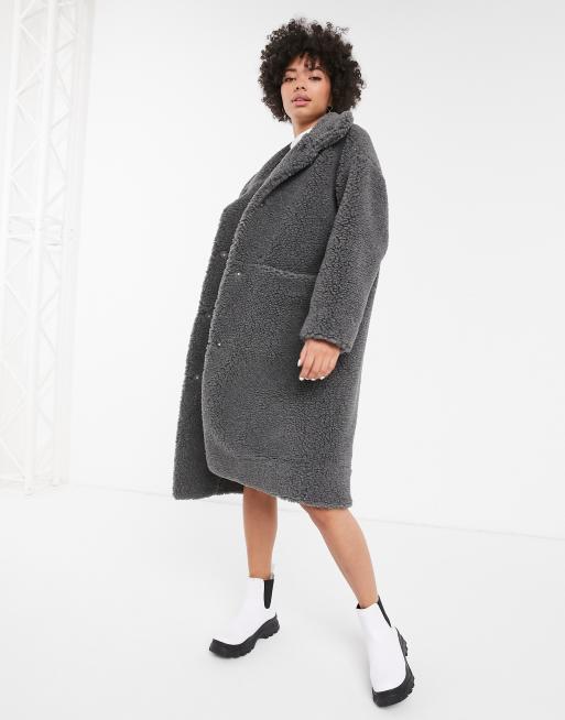 Monki Manteau teddy mi long Gris fonc