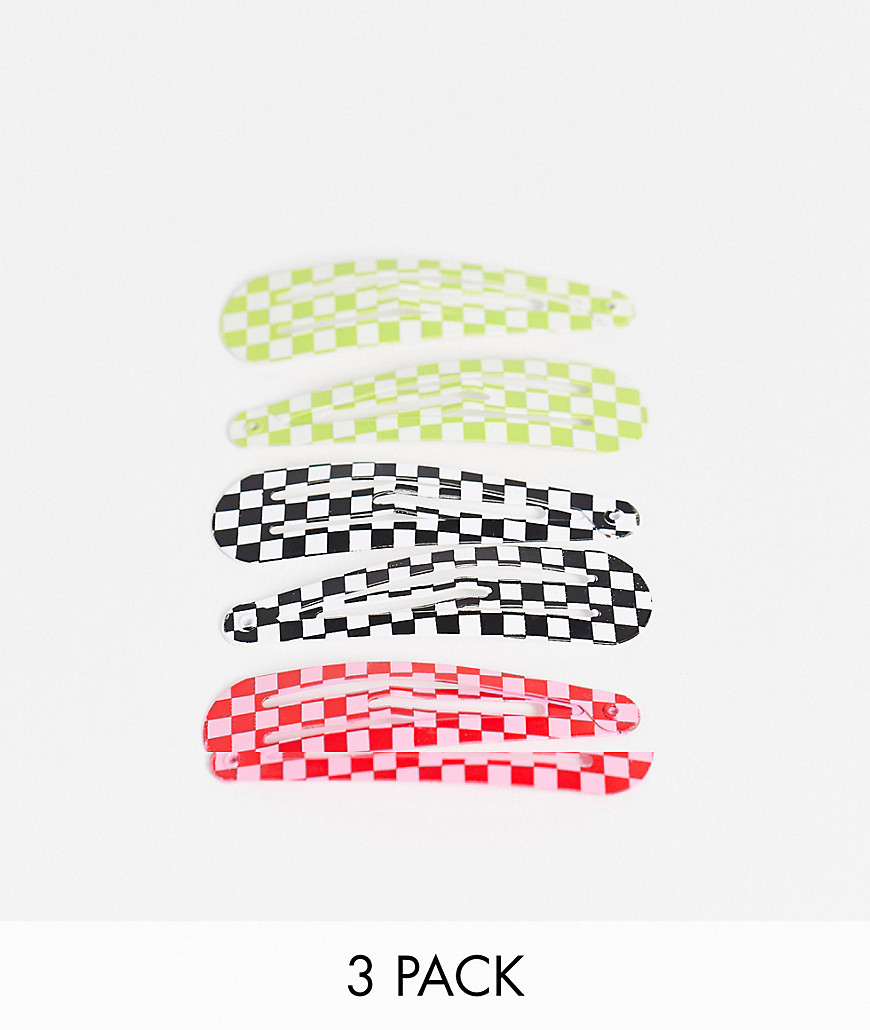 Monki Marcy 3 pack hairclips in multi checkerboard
