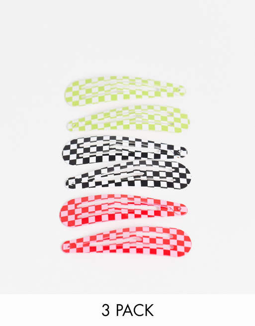 Monki Marcy 3 pack hairclips in multi checkerboard