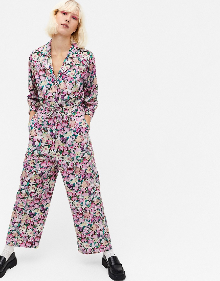 Monki Marelle floral print cotton poplin waisted jumpsuit in multi