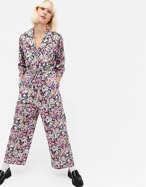 Jumpsuits & Playsuits Monki Marelle floral print cotton poplin waisted jumpsuit in multi 
