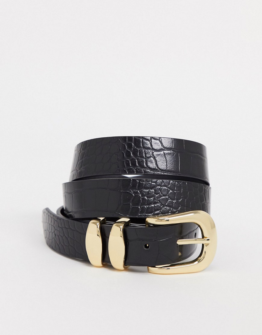 Monki Margot faux leather croc belt in black-Blues