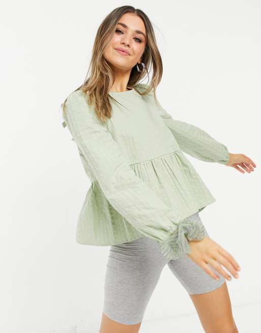 Monki - Maria - Blouse en coton à ourlet à basque - Vert sauge - MGREEN, 4 de 4