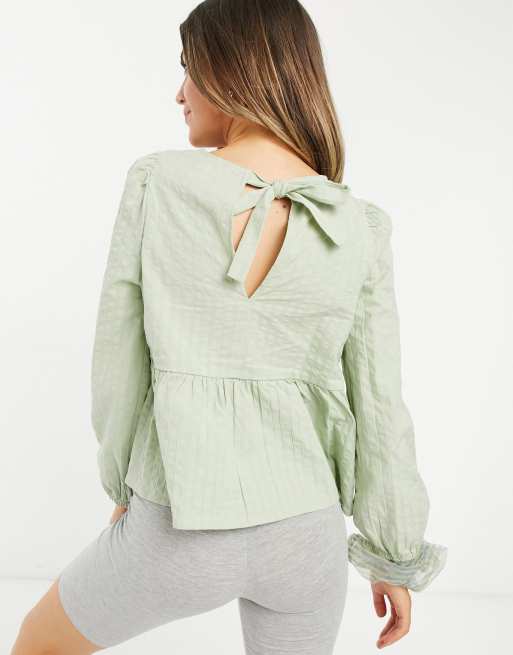 Monki Maria cotton blouse with peplum hem in sage green - MGREEN, 2 of 4