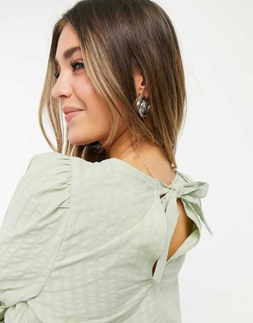 Monki Maria cotton blouse with peplum hem in sage green - MGREEN, 3 of 4