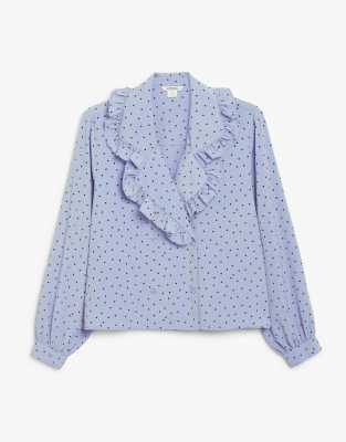 Monki - Marian - Blouse met stippenprint en ruches aan de kraag in blauw